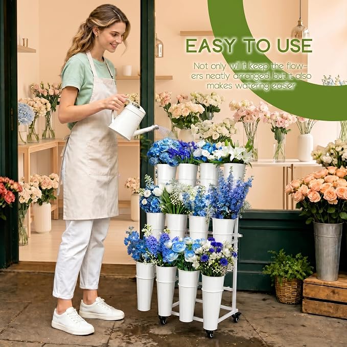 Flower Display Stand With 12 Buckets,3-Tier Flower Cart with Wheels,Flower Bar Display Stand for Florist Garden Wedding Home Decor