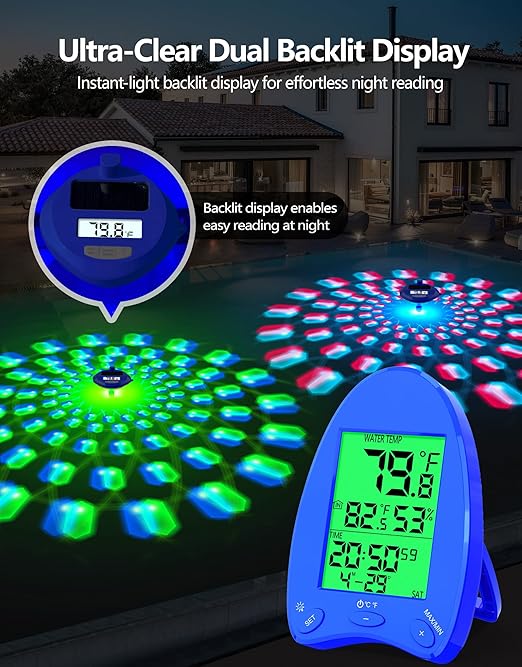 LuxBlue 2026 Solar Pool Thermometer Wireless - 650FT Transmission | Pool Temperature Thermometer with Light Show | Dual Backlit Display for Easy Read | Floating Water Temperature Gauge for Hot Tub,Spa