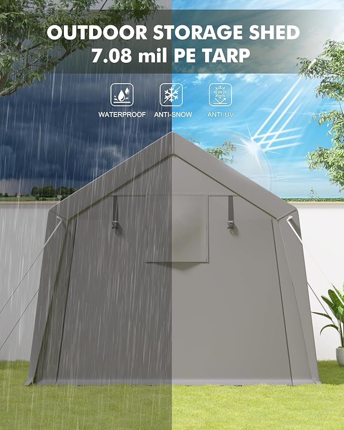 Heavy Duty Outdoor Storage Outdoor Storage Tent – Waterproof & UV-Resistant Garage Shelter with Roll-Up Zipper Doors – Portable Carport for Motorcycle, Bike, Firewood – Grey, 6x6FT