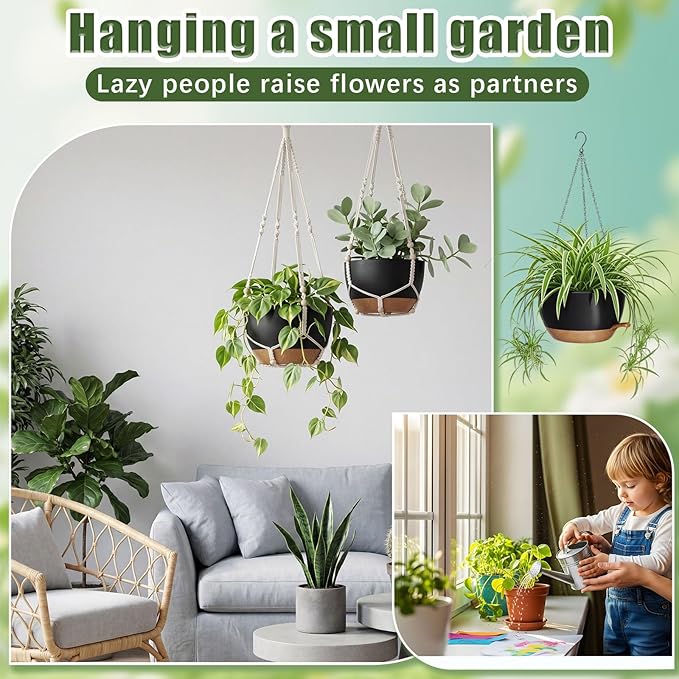 Sliner Set of 4-12 Inch Self Watering Hanging Planters Includes Hanging Pots and Outdoor Hanger Plant Pots with Drainage Holes 2 Types of Hanger Basket Hooks for Patio Garden(Black Brown)