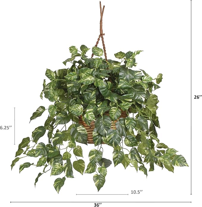 Nearly Natural Pothos Hanging Basket Silk Plant, 29" x 10.25" x 10.25"