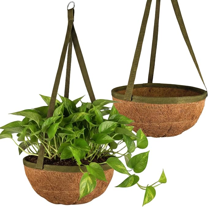 12 Inch Handmade Coco Fiber Hanging Basket 2 Pack - Plant Hanger for Outdoor Plants - Natural Boho Rustic Coconut Coir Compact Decorative Flower Pot Holder for Porch Patio Balcony Garden Yard