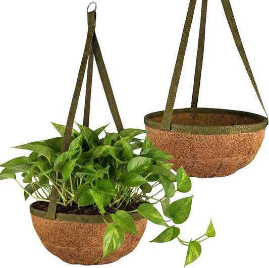12 Inch Handmade Coco Fiber Hanging Basket 2 Pack - Plant Hanger for Outdoor Plants - Natural Boho Rustic Coconut Coir Compact Decorative Flower Pot Holder for Porch Patio Balcony Garden Yard