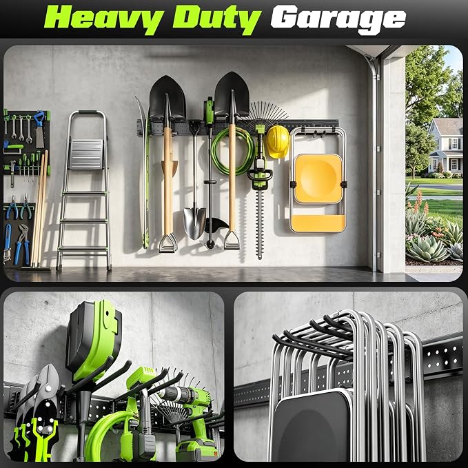 Garage Tool Organizer Wall Mount, 33 Inch Heavy Duty Garage Organization System with 6 Adjustable Hooks, Garden Tool Storage Rack for Garage, Yard & Shed, Holds Up to 250 lbs