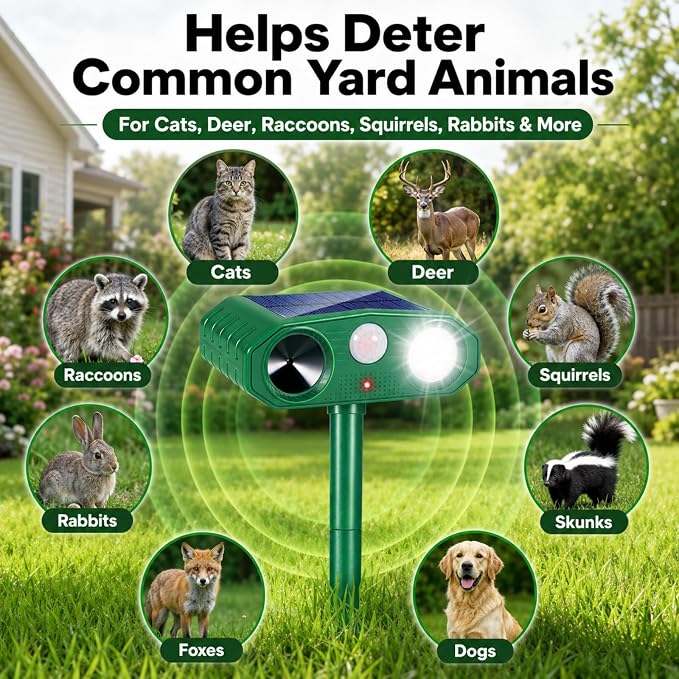 2 Pack Solar Animal Repellent Ultrasonic Outdoor for Cats Squirrels Racoons Rabbits Foxs Dogs Skunks,Sonic Fortress Pro Deer Repellent Devices Flashing Light Motion Sensor Animal Deterrent for Garden