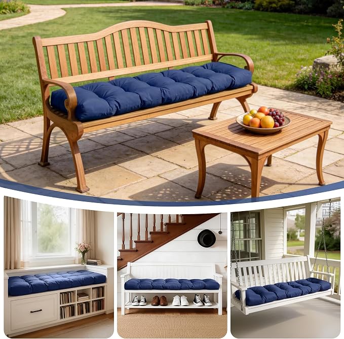 IASEAHK Outdoor Bench Cushion 59x18x5 Inch, Waterproof & Fade-Resistant Patio Furniture Cushions, Tufted Memory Foam Indoor/Outdoor Cushions for Couch Swing with Non-Slip Backing & Straps, Navy Blue