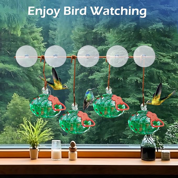 Pozfun Set of 3 Hummingbird Feeders for Outdoors Hanging,Hand-Blown Glass Hummingbird Feeder with Silicone Feeding Perch,Never Leak,Gardening Gifts for Woman Man(Red)