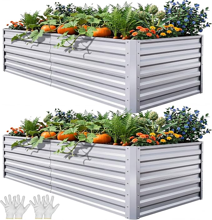 YITAHOME 2pcs 6x3x2ft Large Raised Garden Bed Kit, Galvanized Metal Planter Box with Gloves, Ground Nails, Support Rod, Outdoor Above Ground Planters for Plants Vegetables Flowers, Silver