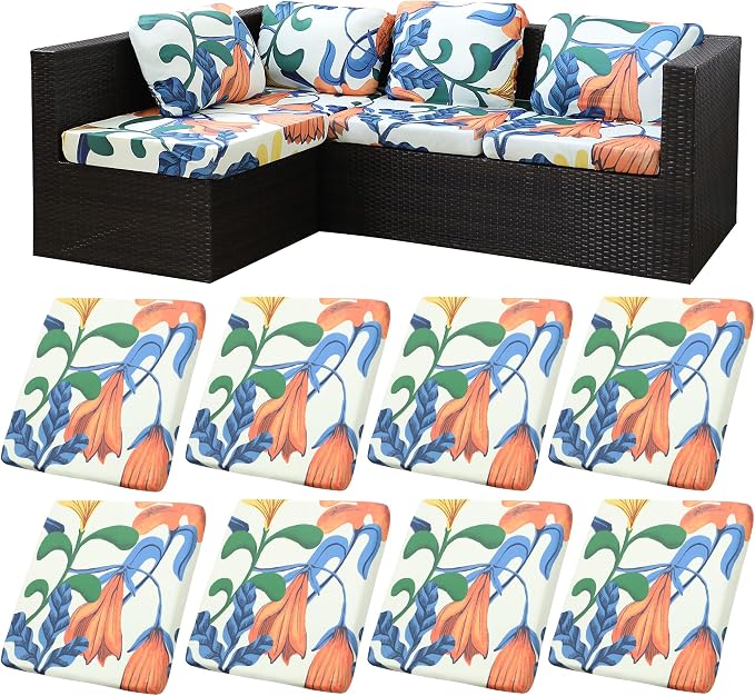 BIETYONE 8Pcs Stretch Patio Cushion Covers, Outdoor Couch Covers Replacement,Outdoor Couch & Sofa Slipcovers,for Patio Furniture Cushion Covers,Washable Reusable Furniture Protector (Print,Cover Only)