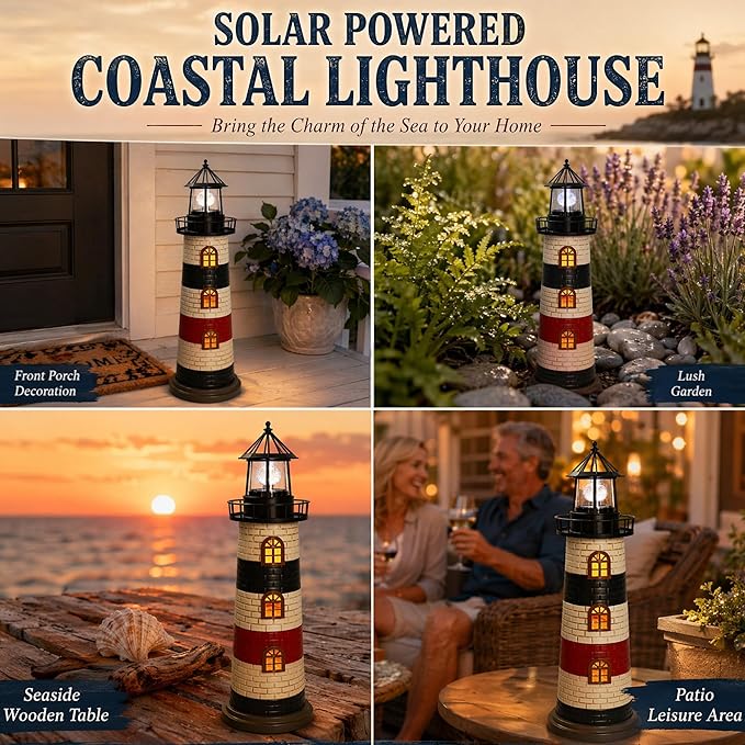 Garden Statues 23" Coastal Solar Lighthouse Garden Decor Waterproof Solar Lights Outdoor Decorative Beach Pool Patio Lawn Yard Decorations, Unique Housewarming Gift Garden Gifts for Family Friends