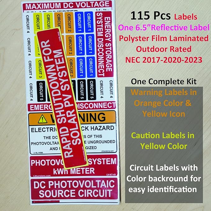 5 Packs of Ultimate 115 Pack 2017/2020/2023 NEC Code Compliant Photovoltaic Solar System Label Kit Electrical Panel Safety Stickers Outdoor Rated Laminated