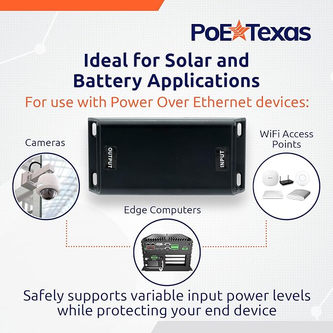 PoE Texas DC-Powered PoE+ (30 watt) Gigabit Inline Injector Converts 12-60V in to 50 Volt IEEE 802.3at PoE+ Out - Variable DC PoE Injector for Solar & Battery Powered Installations, WiFi & More