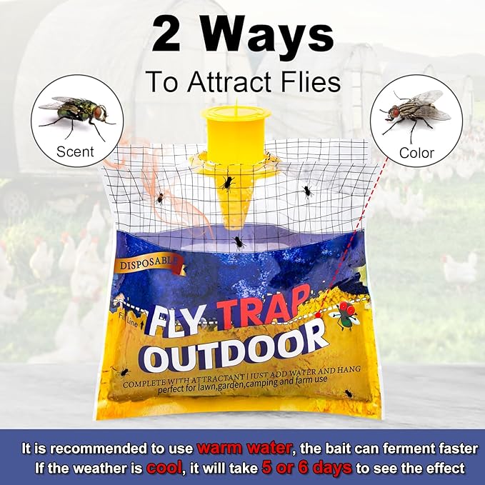 Disposable Fly Traps 10 Pack Bags Outdoor, Flies Catcher Traps with Natural Pre-Bait Refill Repellent, Reusable Stable Horse Ranch Trapper Outdoor Hanging Fly Killer Helps Control Flies