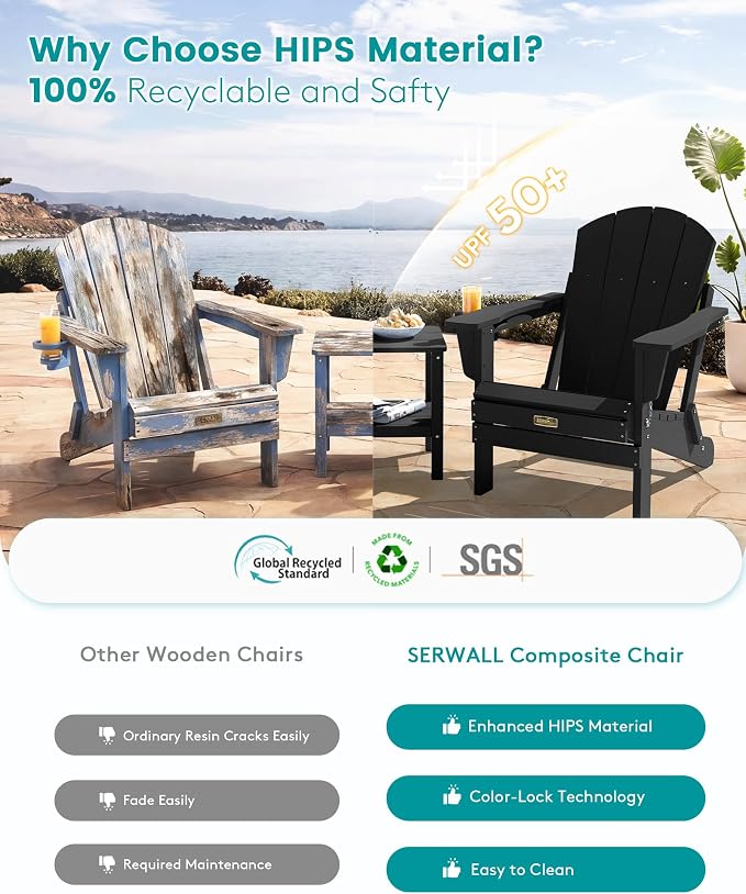 SERWALL Folding Adirondack Chair with Cup Holer, Weather Resistant Adirondack Chairs for Outdoor, Patio, Lawn, Garden, Backyard Deck, Fire Pit - Black