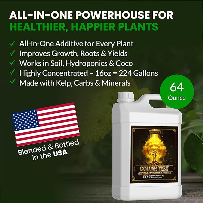 Humboldts Secret Golden Tree Liquid Plant Food | Enhances Growth Indoors or Outdoors | All-in-One Plant Nutrients for Vegetables, Trees, Flowers, Fruits, Roses, Lawns, Tomatoes | 64 Ounce