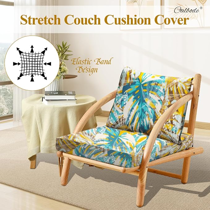 CALBODE 8pcs Outdoor Tropical Plant Printed Sofa Seat Cushion Covers Strechable, Dustproof Elastic Half-Covered Sofa Covers Washable Reusable Patio Furniture Protector（Blue and Yellow, Cover Only）