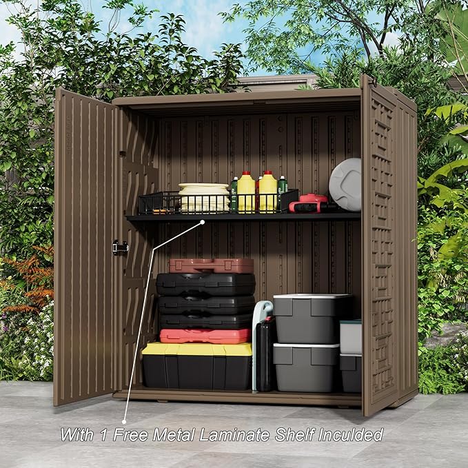 HOMSPARK Indoor/Outdoor Storage Cabinet with Doors and Shelf, 34”x16”x36” HDPE Plastic Storage Box for Patio, Balcony, Multi-Purpose for Tools, Brown