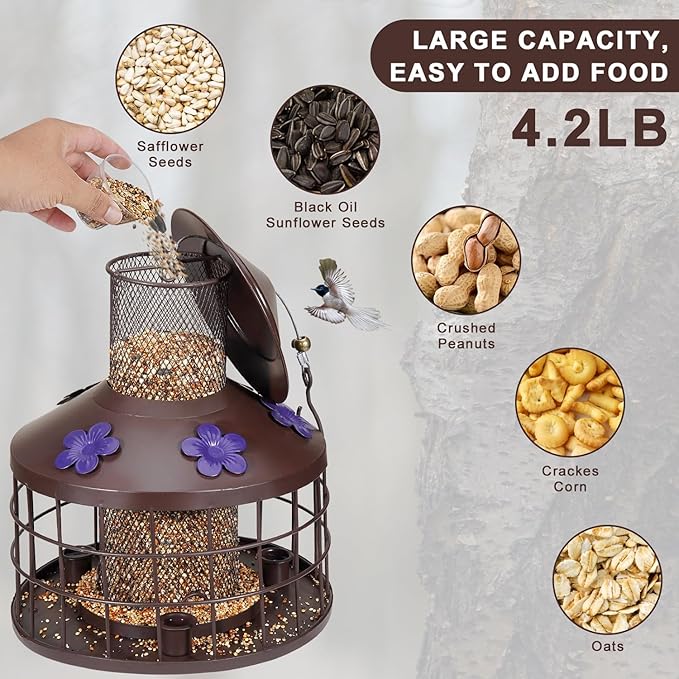 Squirrel Proof Bird Feeder with 3 Water Cups, 4.2LB Large Capacity Outdoor Hanging Bird Feeder with Metal Cage, One-Piece Design No Assembly Needed, Weather Resistant & Stylish for Garden, Yard