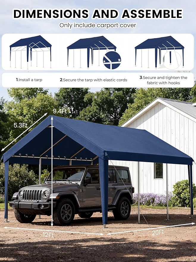 12 x 20 Ft Carport Replacement Cover, Heavy Duty Outdoor Car Tarp Canopy, Waterproof & UV Protected Tear Oxford Tarp with Ball Bungees (Frame is Not Included)
