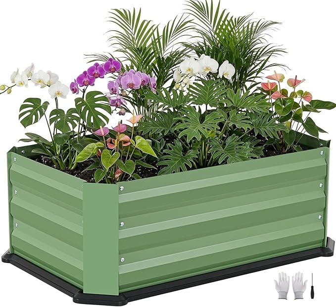 Galvanized Raised Garden Bed with Bottom, Indoor Metal Raised Garden Beds, Easy Assembly No leaks & Rust-Proof Flower Bed, Outdoor Planter Box for Vegetables, Herbs, Patio, Garden, Balcony, Green