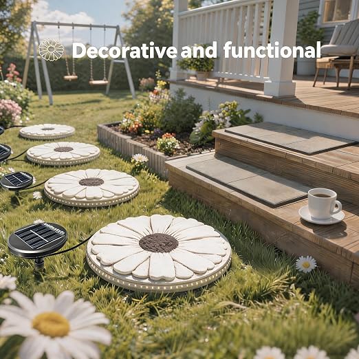 Solar Stepping Stones that Light Up at Night, 2 Pack 10" Cement Daisy Flower Garden Path Stone, Non-Slip Weather-Resistant Outdoor Yard Walkway Decor (White)