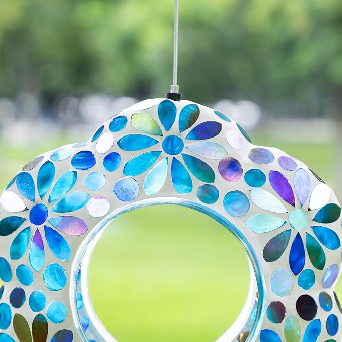 Glitzhome 8''D Hanging Glass Birdfeeder,Flower Shaped Fly Through Wild Bird Feeder for Outdoors,Multi-Color Mosaic Birdfeeder for Garden,Yard,Backyard,Deck and Porch Decor