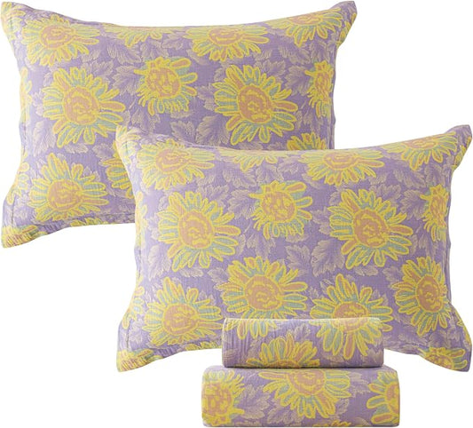 FADFAY Sunflower Sheets Set Queen Vintage Yellow Purple Floral Bedding Shabby Farmhouse Bedding Super Soft Washed Double -Layer Muslin Sheets 100% Cotton Deep Pocket Fitted Sheet 4Pcs, Queen Size