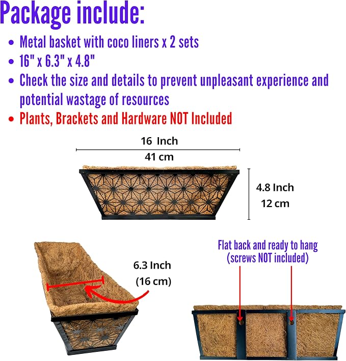 LaLaGreen Window Boxes Planter for Outdoor Plants (2 Pack, 16 Inch) Black Metal Basket Flower Pot Rectangular Wall Planters with Coco Liner, Horse Trough Deck Railing Balcony Modern Garden Fence Patio