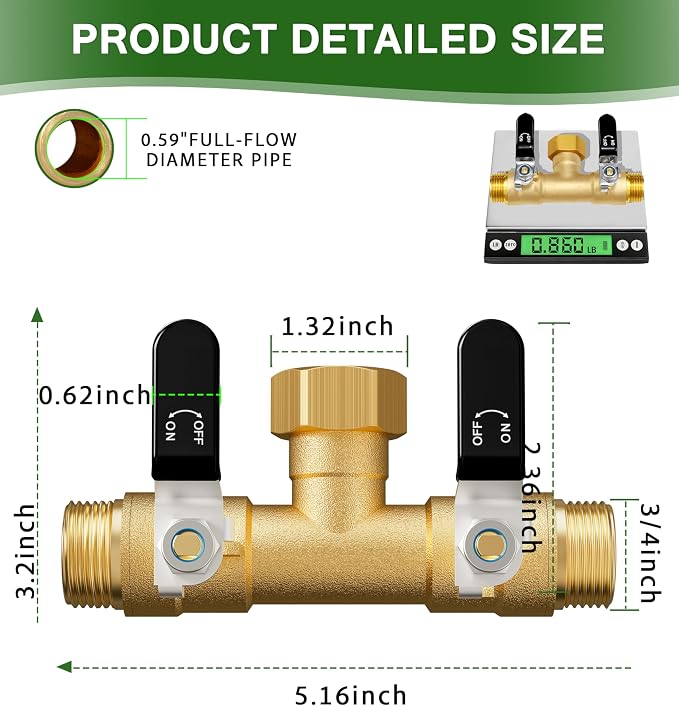 Hose Splitter 2 Way, Heavy Duty Brass Garden Hose Splitter, Water Hose Bib Spigot Splitter with 0.59" Full Flow Ball Valve Outlet & Shut-Off Valve 3/4'' Connector Outdoor Water Faucet Adapter