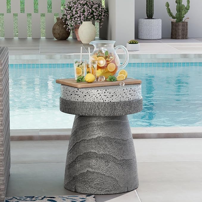 COSIEST Outdoor Side Table w Spotted Tabletop, Concrete Side Table, Round Patio Side Table Stool, Lightweight Outdoor Accent Table w Colored Faux Wood, Cylinder Plant Stand for Garden and Deck, Grey