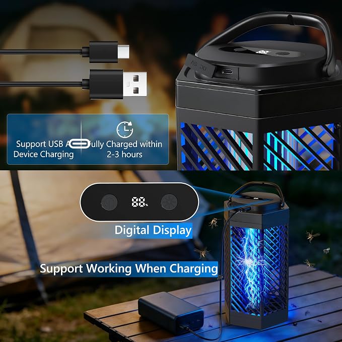 Rechargeable Bug Zapper Outdoor Indoor, 8000mAh Electric Mosquito Zapper with LED Night Light, 2 in 1 Portable & Cordless Bug Zapper Outdoor Waterproof, Wireless Hanging Fly Zapper for Camping Patio