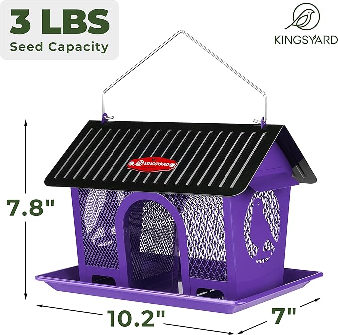 Kingsyard Bird Feeder for Outdoors Hanging, Dual-Use Metal Mesh Wild Bird Feeders with Seed Tray & Weatherproof Roof, 3 lbs Large Capacity, Purple