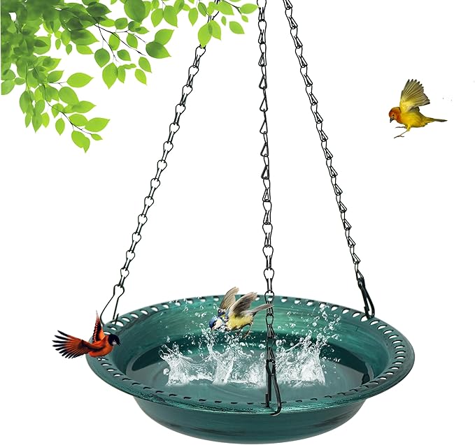Antique Outdoor Garden Hanging Bird Bath for Outside, 12 inch Heavy Duty BirdBath Bowl Only with Chains, Hanging Bird Feeder Tray for Backyard Decor Green