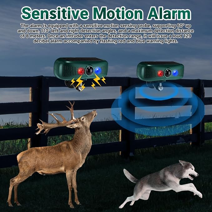 Qualirey 2 Pcs Solar Outdoor Alarm Motion Sensor 129dB Security Siren Sound Detector Strobe Light, 4 Modes Animal Deterrent Dog Barking Waterproof Alarm for Home, Farm