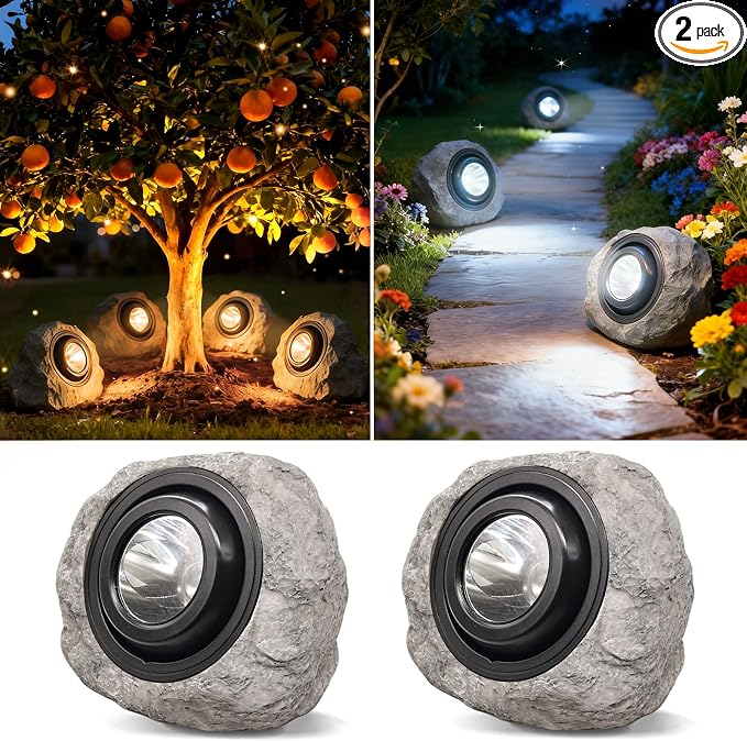 Solar Rock Lights Outdoor,2 Pack IP65 Waterproof LED Solar Ash Gray Garden Stone Spotlights,Warm White & Cool White Switchable,Auto On/Off Landscape Lights for Pathway Walkway Yard Patio