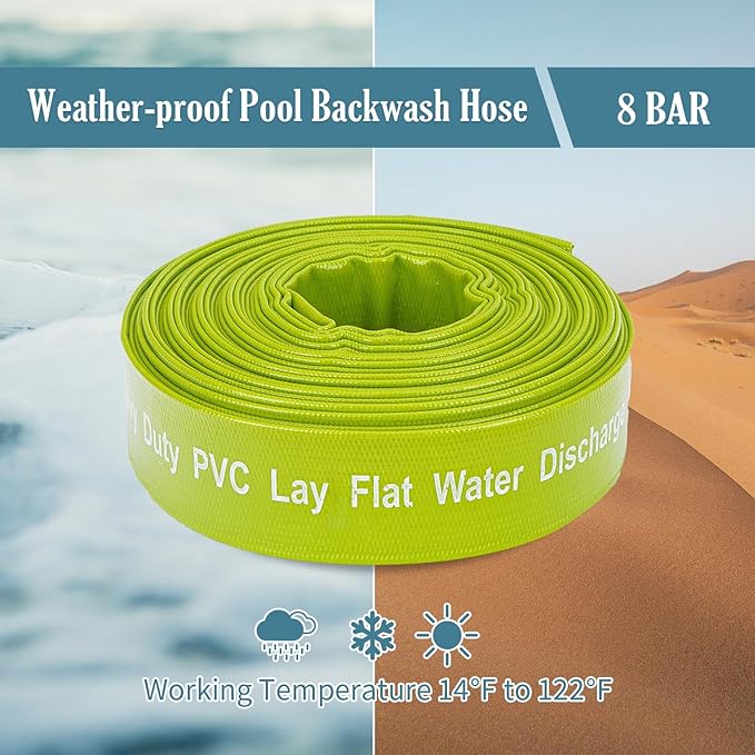 Green Expert 1-1/2" ID PVC Lay-flat Discharge Hose Heavy Duty for Pump Draining Pool Filter Backwash Garden Pond Flooded House Water Disposal, 50 Feet Length with Steel Clamp Kit