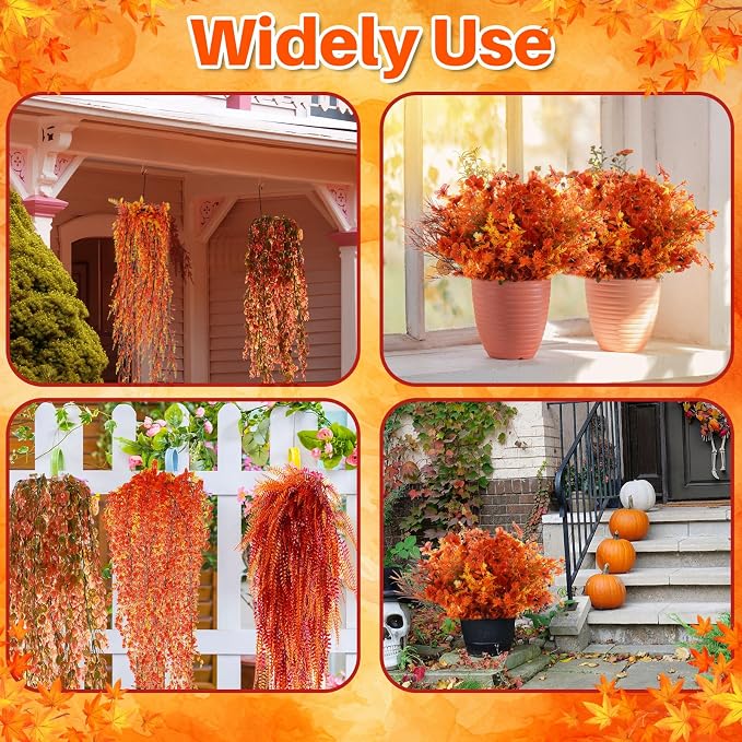 Thiccywoov 32 Bundles Artificial Fall Flowers Plants for Outdoors 16 Styles Autumn Decor, Fake Faux Flowers UV Resistant Orange Mums Violet Fern for Fall Thanksgiving Home Porch Window Box Decor
