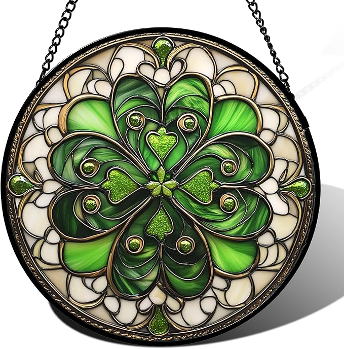 DASTOLL Stained Glass Window Hanging St. Ripak Festival Green Lucky Clover 7.8" - Suncatcher Door Garden Sun Catcher Ireland Decor Mother's Day for Mom Woman Her Men Sisters