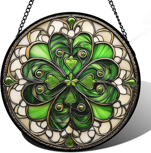 DASTOLL Stained Glass Window Hanging St. Ripak Festival Green Lucky Clover 6.3" - Suncatcher Door Garden Sun Catcher Ireland Decor Mother's Day for Mom Woman Her Men Sisters