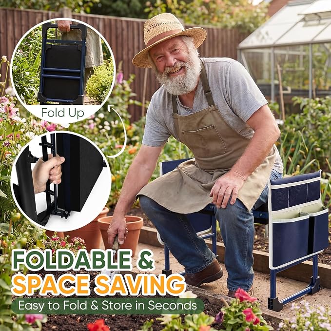 Garden Kneeler and Seat, Foldable Heavy-Duty Anti-Tipping Gardening Bench Stool with Extra-Wide Thickened Kneeling Pad & 2 Tool Pouches, Ideal Gift for Seniors, Gardeners, Women, Men and Dad