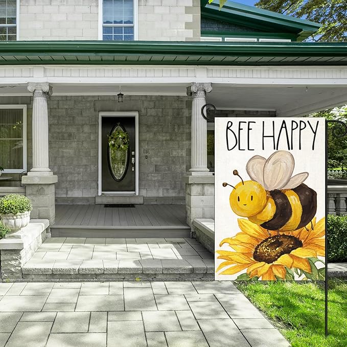 BEE HAPPY Garden Flags for Outside, Summer Watercolor Bee with Sunflower Yard Decoration, Small Seasonal Outdoor Decor for Farmhouse Holiday,12x18 Inch Double Sided