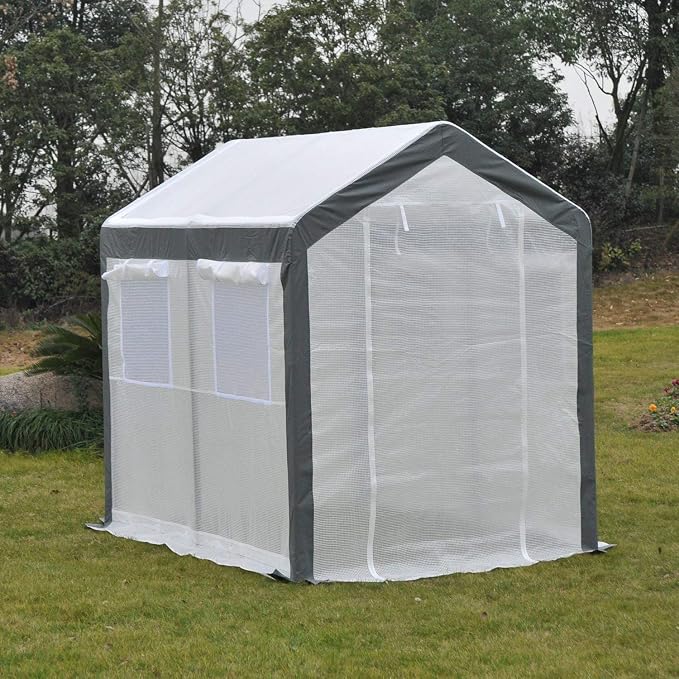 Outsunny 8' x 6' x 7' Walk-in Greenhouse, Outdoor Garden Warm Hot House with 4 Roll-up Windows, 2 Zippered Doors and Weather Cover, White