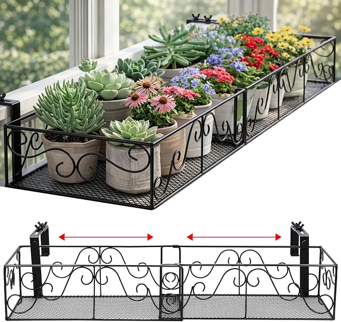 Youyole Railing Hanging Planter Holders, Adjustable Balcony Flower Pot Rack Stand, Expands 14"-27" Iron Hanger Hooks Fit Almost Any Balcony, Fence or Deck Railing up to 8" Wide(Black)