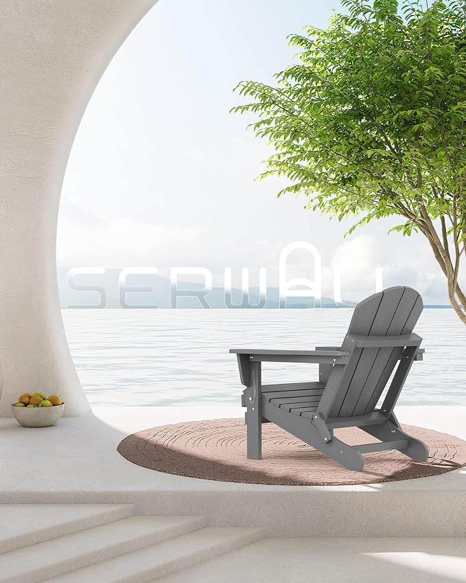 SERWALL Folding Adirondack Chair with Cup Holder Set of 4, Weather Resistant HIPS Patio Chairs, Wooden Textured, Fire Pit Chairs for Garden Outdoors Fire Pit - Gray