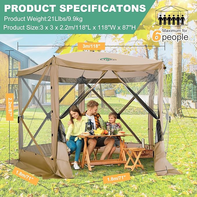 COBIZI 10x10 FT Pop up Gazebo, Popup Canopy Tent, Screened in Gazebos with sidewalls, Waterproof Portable Outdoor Small Screen Tents Sun Shelter,carpas para Patio for Camping,Garden,Backyard,Khaki