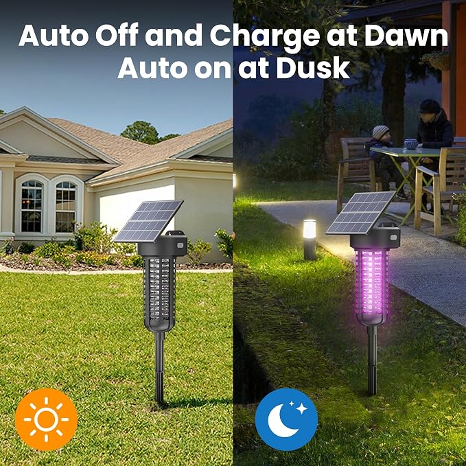 Solar Powered Bug Zapper Light 2 Pack Waterproof Outdoor Mosquito Killer Lamp Auto On/Off Cordless Garden Mosquito Zapper,Black