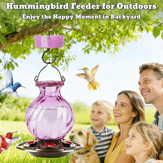 Auslar 26 Ounces Hummingbird Feeder, Purple Hummingbird Feeders for Outdoors Hanging, Ant Moat and 5 Flower Feeding Ports, Fade Proof, Rustproof, Leakproof, Netted Flower Bud Shape Bottle