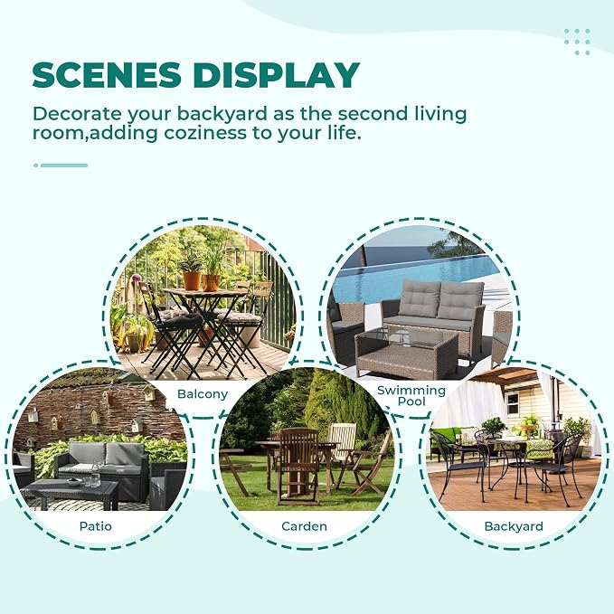 DANGHOOGY Wicker Chair Cushions, Waterproof Outdoor Loveseat Cushions for Patio Furniture, Tufted Wicker Furniture Cushions, 1 Loveseat and 2 U-Shaped Cushions (Cyan Flower)
