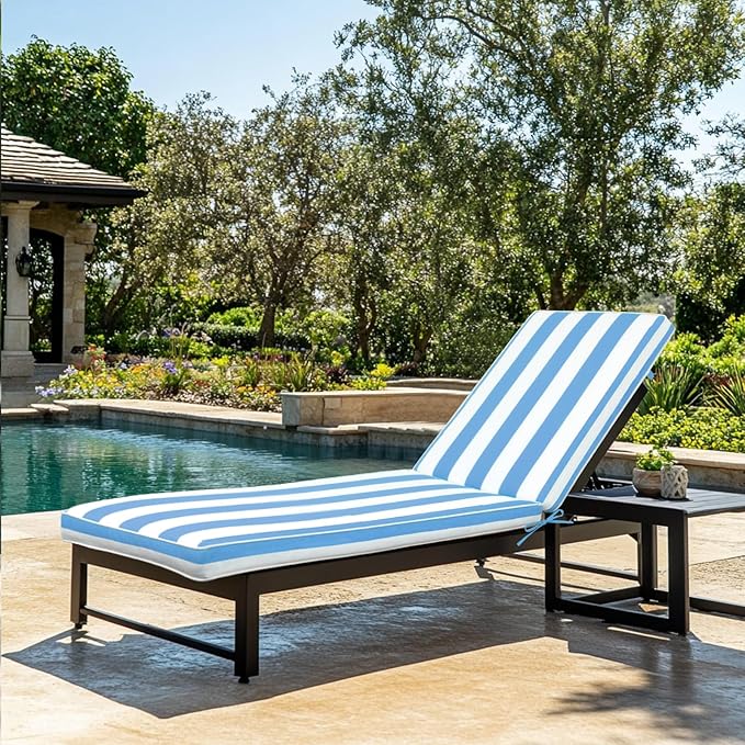 Only choice 2 Pieces Set Outdoor Lounge Chair Cushions Patio Chaise Lounge Replacement Cushions Furniture Seat Cushions (Sky Blue White Striped)
