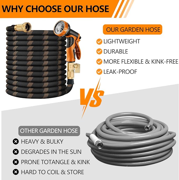 Flexible Garden Hose 75 FT, Ultra Lightweight Water Hoses w/10 Function Sprayer and 3/4" Brass Fittings, Kink-Free, Sturdy, Abrasion Resistant for Yard, Lawn, Outdoor and Gardening(Black Orange)
